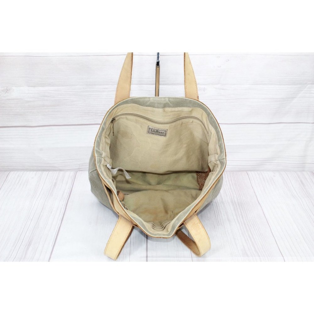 Vintage LL Bean Green Tan Cotton Colorblock Buckle Shoulder Tote Bag - Picture 7 of 10